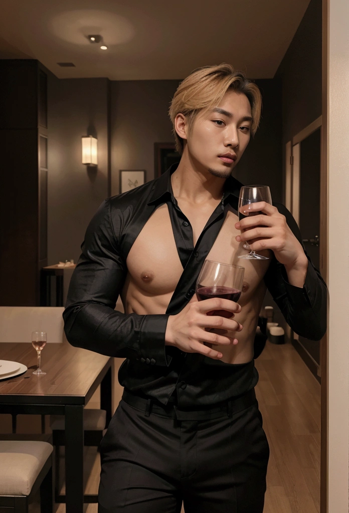 handsome Korean man with a goatee with strong blonde hair shirtless with a defined physique holding a glass of wine in black dress pants in a dining room at night, front view, k-idol, masterpiece