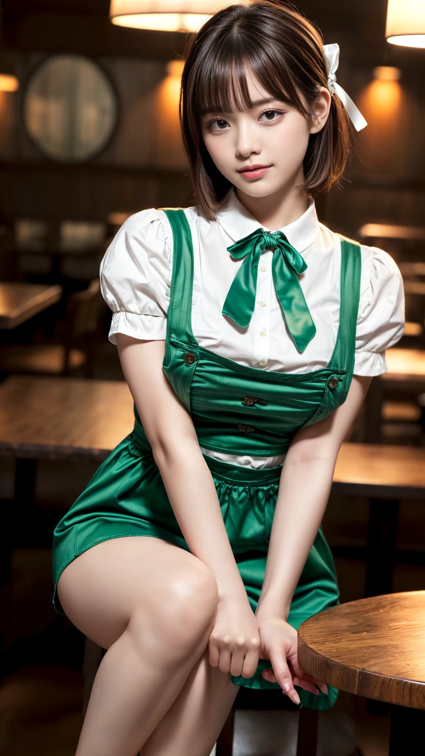 (absurdres:1.3), (highres:1.3), (ultra detailed:1.3),(1girl:1.3), (extremely detailed CG unity 8k wallpaper:1.3), (detailed skin texture, detailed cloth texture, detailed hair texture), (beautiful detailed face, supermodel, pale skin, realistic glistening skin), (RAW photo, best quality), (realistic, photo-realistic:1.4), masterpiece, extremely delicate and beautiful,Amazing, finely detail, extremely detailed CG unity 8k wallpaper, huge filesize, ultra-detailed, highres, absurdres, soft light,rim light, vibrant details, hotel room, short bob hair, (large breasts:1.2), black hair color, Big Natural Color Lip, (perfect body shape), beautiful legs, BREAK (fusion of dirndl and short sleeve white collared-shirt with neck ribbon:1.4), ((A-line, underboobs, puff sleeves):1.3), ((deep-green Pinafore):1.3), thighs skin, Restaurant, Serving customers inside the restaurant. crying a little、little smile, Harajuku style、20 year old girl、cute type、ta、