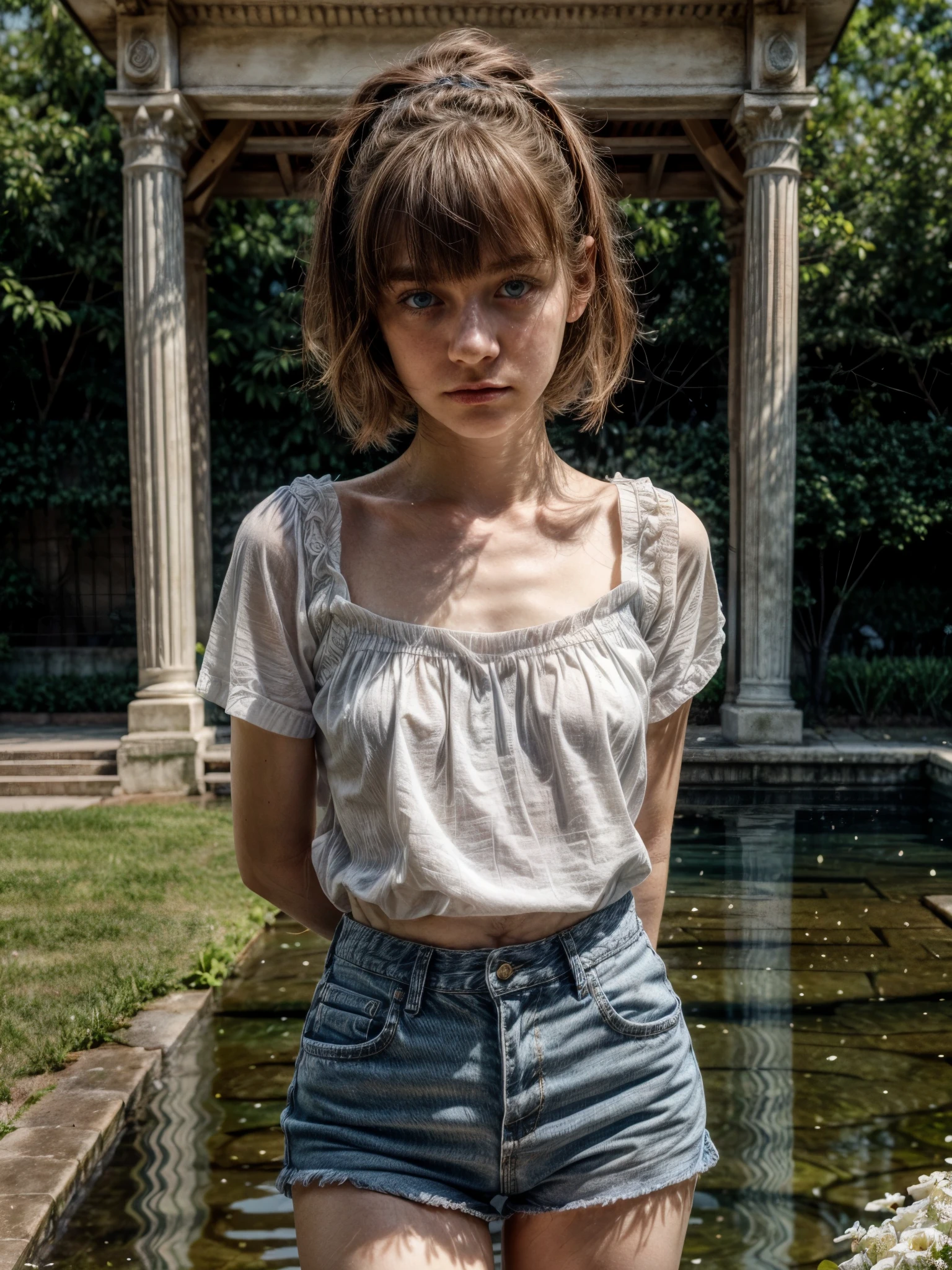 (best quality,hyper-realistic,ultra-detailed,8k), ager, fifteen years old, shy, sad, paleness, big blue eyes, very white skin, small nose, very short brown hair with bangs, melancholy, delicate, feminine, skinny, garden of thousand White roses, short ponytails hairstyle, short Green summer shirt, short blue jeans, fountain, Sunny day, brilliant colors.