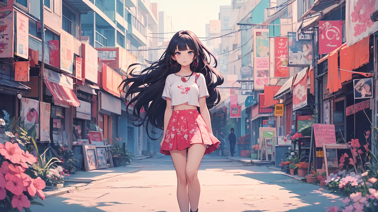 (masterpiece, best quality), beautiful woman, soft light, crop-top with floral pattern, short skirt, cleveage, wavy hair, ponytail, asymmetrical bangs, perfect face, beautiful face, alluring, big gorgeous eyes, soft smile, perfect slim fit body, outdoors, standing, abstract background, bright colors, (risograph), full body shot, fullbody, medium breasts, solo, cleveage, sexy