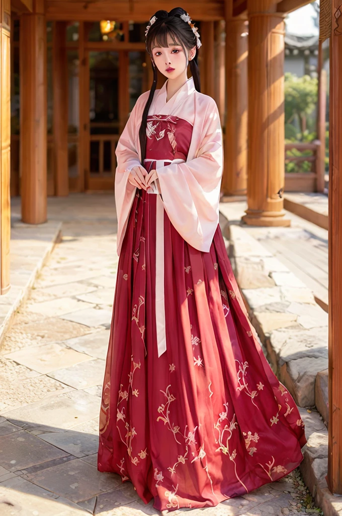 (8k, best quality, masterpiece:1.2), (realistic, photo-realistic:1.2)1girl,perfect face, perfect eyes,pureerosface_v1, red hanfu,tang style,(full body:1.2),