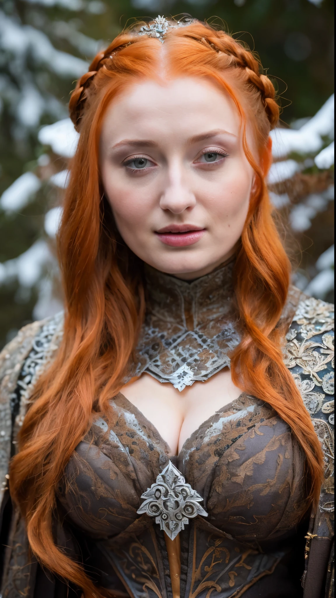 Face of Sophie Turner, Sansa Stark played by Sophie Turner, the de facto Lady of the Eyrie, is a 50-year-old mature queen with a stunning, alluring appearance, mommy figure, wide body, heavy figure, fleshy bulky figure, Full Face, Full figured woman, pierced eyes, reddish lips, upper body shot, erotic Mediaeval costumes, game of thrones costumes, She wears a Game of Thrones-inspired costume and has a deep cleavage, a perfect thick body, and a perfect thick figure. The photograph captures her in a close-up, with her skin texture and facial features being ultra-realistic and realistic. Juicy thick figure, high quality skin, Skin pores, amazing details, snow, snow flakes, semi realistic, extremely detailed eyes, dark moody orange and black settings, cool environment, artificial intelligence