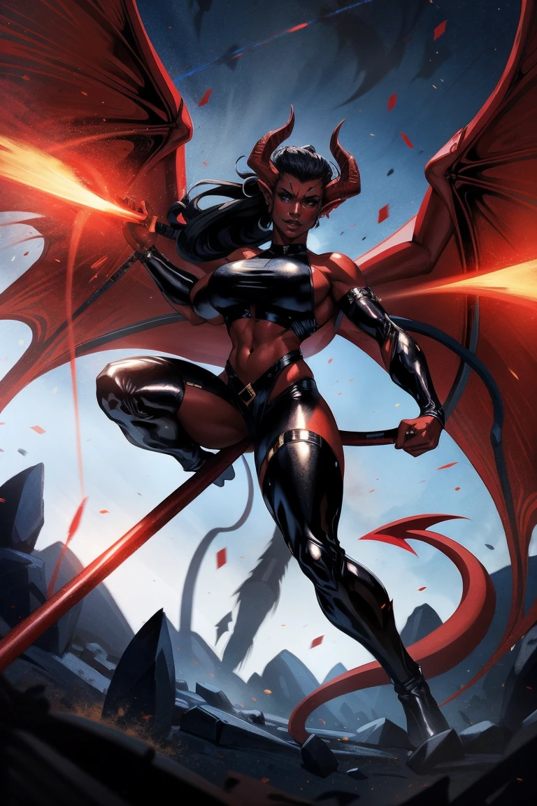 Red skin succubus tiefling, digitigrade legs, medium breasts, black horns, wings, huge tail, black leather, crop top, long flowing pelvic curtain, tall, toned, graceful, thin, long black ponytail. Action scene, whip. Dark scene, explosions, night sky.