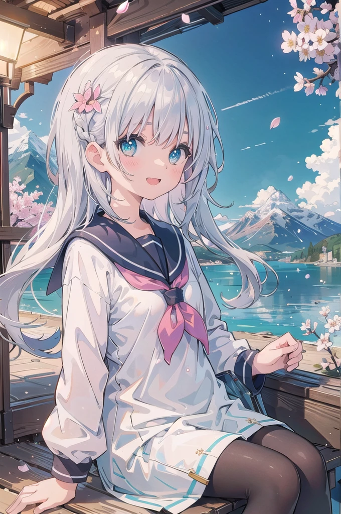 (masterpiece),  scenery,  mountainous horizon,  cherry blossoms,  petals,  light particles,  upper body,  1girl,  sailor,  wavy hair,  floating hair,  smile,  sitting,  open mouth,  light particles,  silver hair,  aqua eyes,  looking at viewer,  face focus