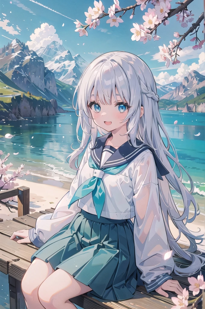 (masterpiece), scenery, mountainous horizon, cherry blossoms, petals, light particles, upper body, 1girl, sailor, wavy hair, floating hair, smile, sitting, open mouth, light particles, silver hair, aqua eyes, looking at viewer, face focus