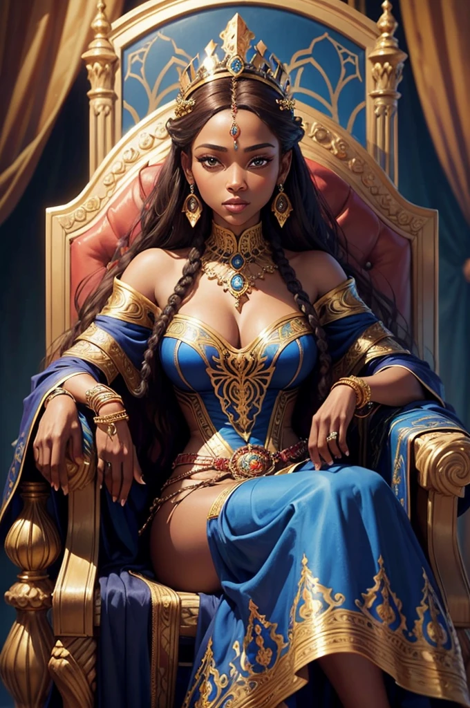 An oil painting of a stoic black African queen sitting on a grand throne. She has long, flowing sandy-brown hair and wears a magnificent crown adorned with jewels. Her attire is a luxurious, jewel-encrusted dress in vibrant blue and gold. The throne is ornate, with intricate designs and colorful gemstones. The background features rich blue drapery, adding to the regal atmosphere and blue snakes. The painting emphasizes the elegance, poise, and regal nature of the princess, capturing the richness of the colors and details in her clothing and surroundings.