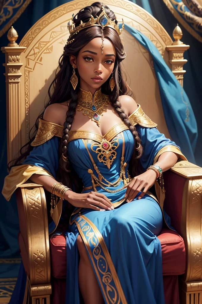 An oil painting of a stoic black African queen sitting on a grand throne. She has long, flowing sandy-brown hair and wears a magnificent crown adorned with jewels. Her attire is a luxurious, jewel-encrusted dress in vibrant blue and gold. The throne is ornate, with intricate designs and colorful gemstones. The background features rich blue drapery, adding to the regal atmosphere and blue snakes. The painting emphasizes the elegance, poise, and regal nature of the princess, capturing the richness of the colors and details in her clothing and surroundings.
