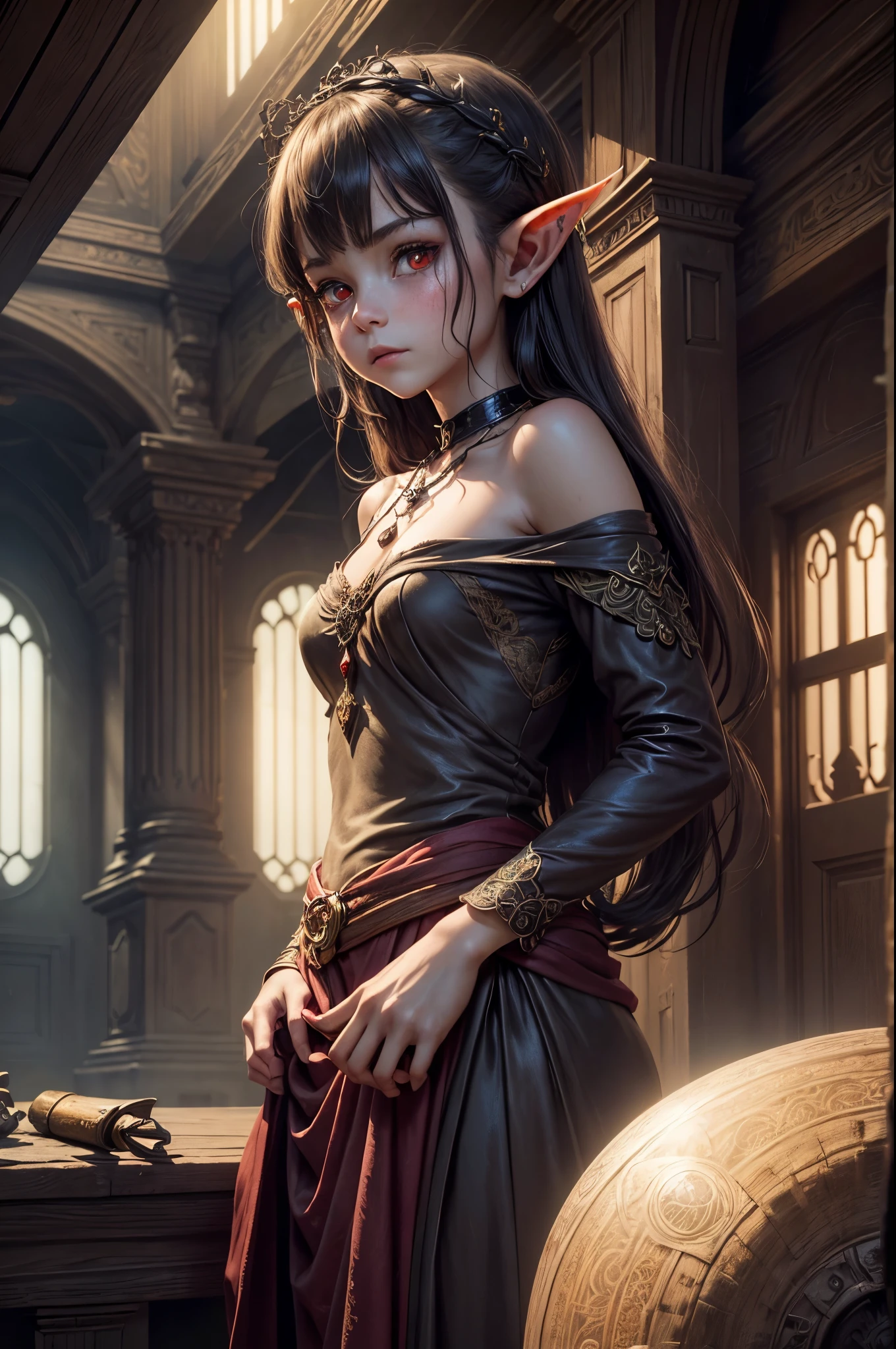 (Realisttic:1.2), analog photo style, (cute goblin woman looking like elf, intensed red eyes, surrounded by a gloomy antique setting), (her full body s a visual pleasure), faint smile, soft shading expresses beautiful skin texture, silk material, Graceful curve, necklace, rich and lustrous hair, three dimensional effect, gloomy dark atmosphere, play of light in the sun rays, a delicate balance between beauty and darkness, faded colours, great quality, Masterpiece, intricate fantasy background, naturally cinematic light, 16k quality, HDR, RAW photo