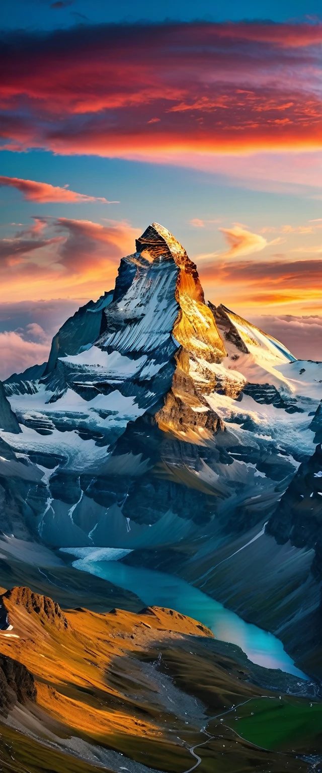 (Highest quality),(masterpiece:1.2),(Very detailed:1.2),Ultra-high resolution,RAW color photos,8K,Vast landscape photography,Realistic photos,Elaborate photos,Skydiving viewpoint,Written boundary depth,Sharp focus,In the clouds,Matterhorn,Sunset,Beautiful colors,Written boundary depth,Wide Light,Low contrast,Backlight,Sharp focus,Vibrant colors,moving composition