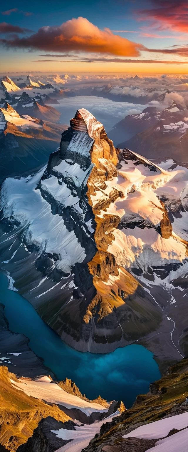 (Highest quality),(masterpiece:1.2),(Very detailed:1.2),Ultra-high resolution,RAW color photos,8K,Vast landscape photography,Realistic photos,Elaborate photos,Skydiving viewpoint,Written boundary depth,Sharp focus,In the clouds,Matterhorn,Sunset,Beautiful colors,Written boundary depth,Wide Light,Low contrast,Backlight,Sharp focus,Vibrant colors,moving composition