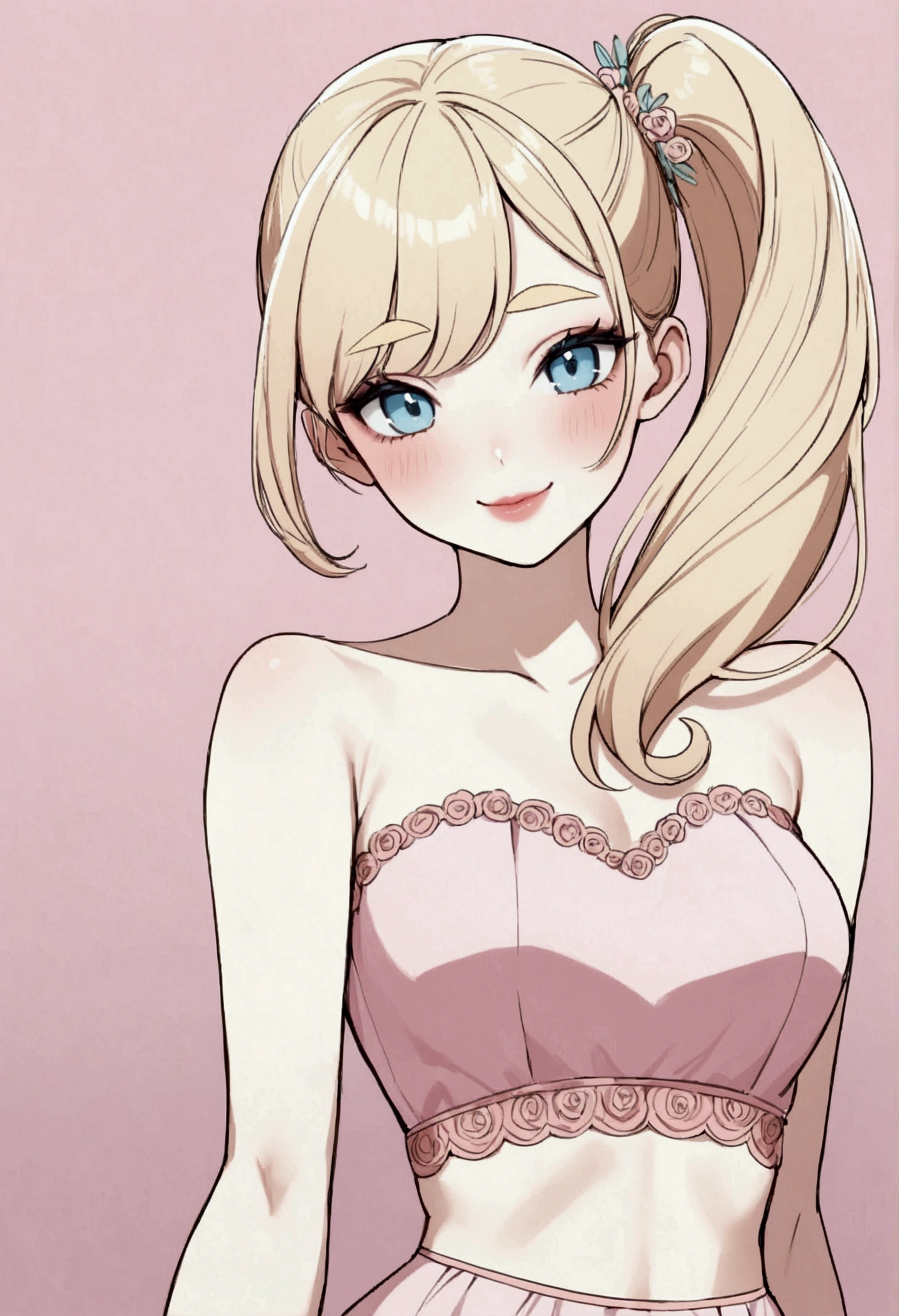 Woman, light blonde hair, pale blue eyes, rosy cheeks, lipgloss, solo, smiling, sassy, bright smile, pink strapless crop top, high side ponytail, light blonde eyebrows, delicate, flat, feminine, pastel pink, posing, flirty, childish, sexy