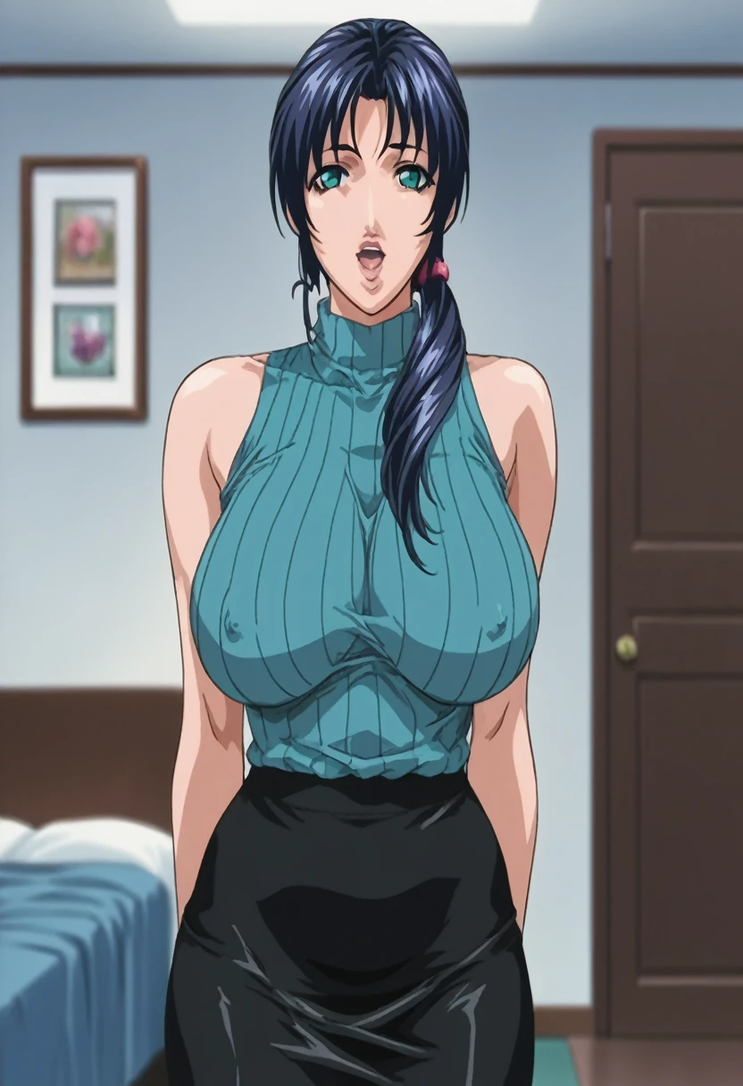 score_9, score_8_up, source_anime Bibl3, 1girl, solo, milf, busty milf, mature woman, dark blue hair, long hair, low ponytail, straight bangs, huge breasts, bouncy breasts, wide hips, full lips, vivid lips, aqua eyes, empty eyes, hypnotized, mesmerized, starring at viewer, open mouth, ribbed sweater, sleeveless, pencil skirt, standing at attention, hands at own sides, full body, apartment, living room, blurred background, altered perception