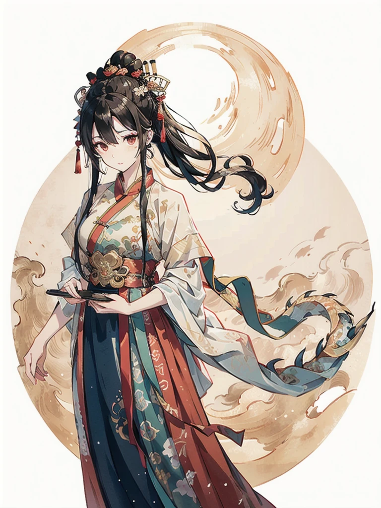 masterpiece, traditional chinese ink painting, 1 girl, long hair, look at viewer, tease, Spirit, loong, dunhuang_style, dunhuang_cloths, UHD Dragon horn, A dragon is flying, 4k, best quality, super detail, award winning, high quality, best quality, high details