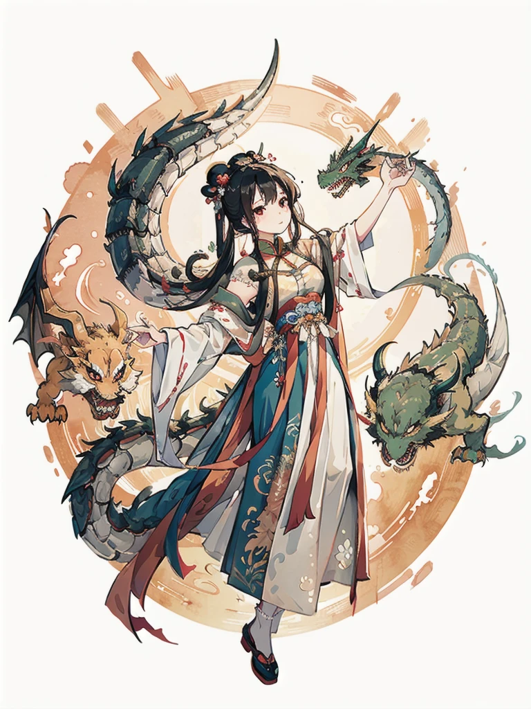 masterpiece, traditional chinese ink painting, 1 girl, long hair, look at viewer, tease, Spirit, loong, dunhuang_style, dunhuang_cloths, UHD  Dragon horn, A dragon is flying, 4k, best quality, super detail, award winning, high quality, best quality, high details