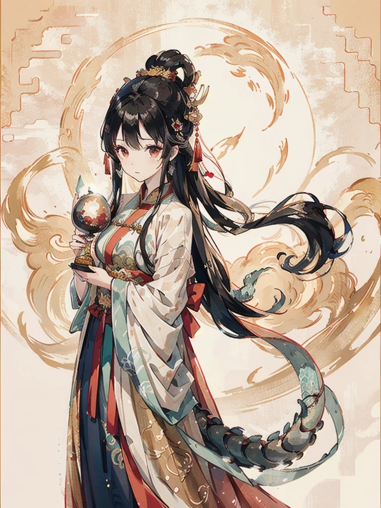 masterpiece, traditional chinese ink painting, 1 girl, long hair, look at viewer, tease, Spirit, loong, dunhuang_style, dunhuang_cloths, UHD Dragon horn, A dragon is flying, 4k, best quality, super detail, award winning, high quality, best quality, high details