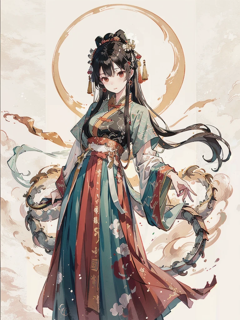 masterpiece, traditional chinese ink painting, 1 girl, long hair, look at viewer, tease, Spirit, loong, dunhuang_style, dunhuang_cloths, UHD  Dragon horn, A dragon is flying, 4k, best quality, super detail, award winning, high quality, best quality, high details
