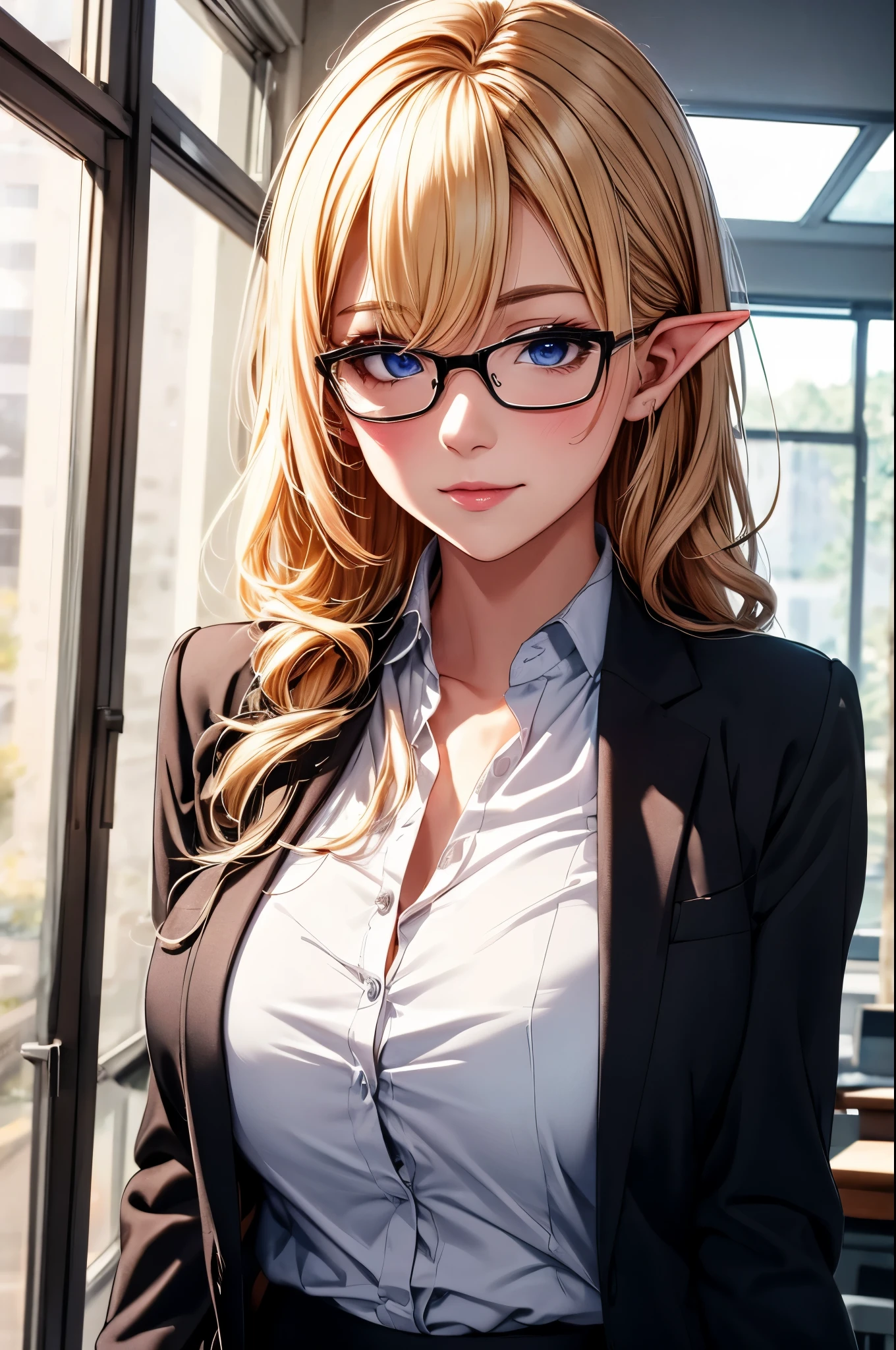 looking at the audience, whole body, Upper body focus, actual, shiny skin, a elf lady, (female office worker), business suit, split, glasses, (pretty face:1.1), (masterpiece, high quality:1.2), huge breasts, maternal love, porcelain skin, honey blonde, Very long hair, curls, adult, heart, in love, seductive light smile, light blush, Edge lighting, two color lights, (Highly detailed skin:1.2), 8K uhd, hand drawn animation,イーブイの絵, soft light, Volumetric lighting, confess, photo, High resolution, Bokeh, high quality, 8K