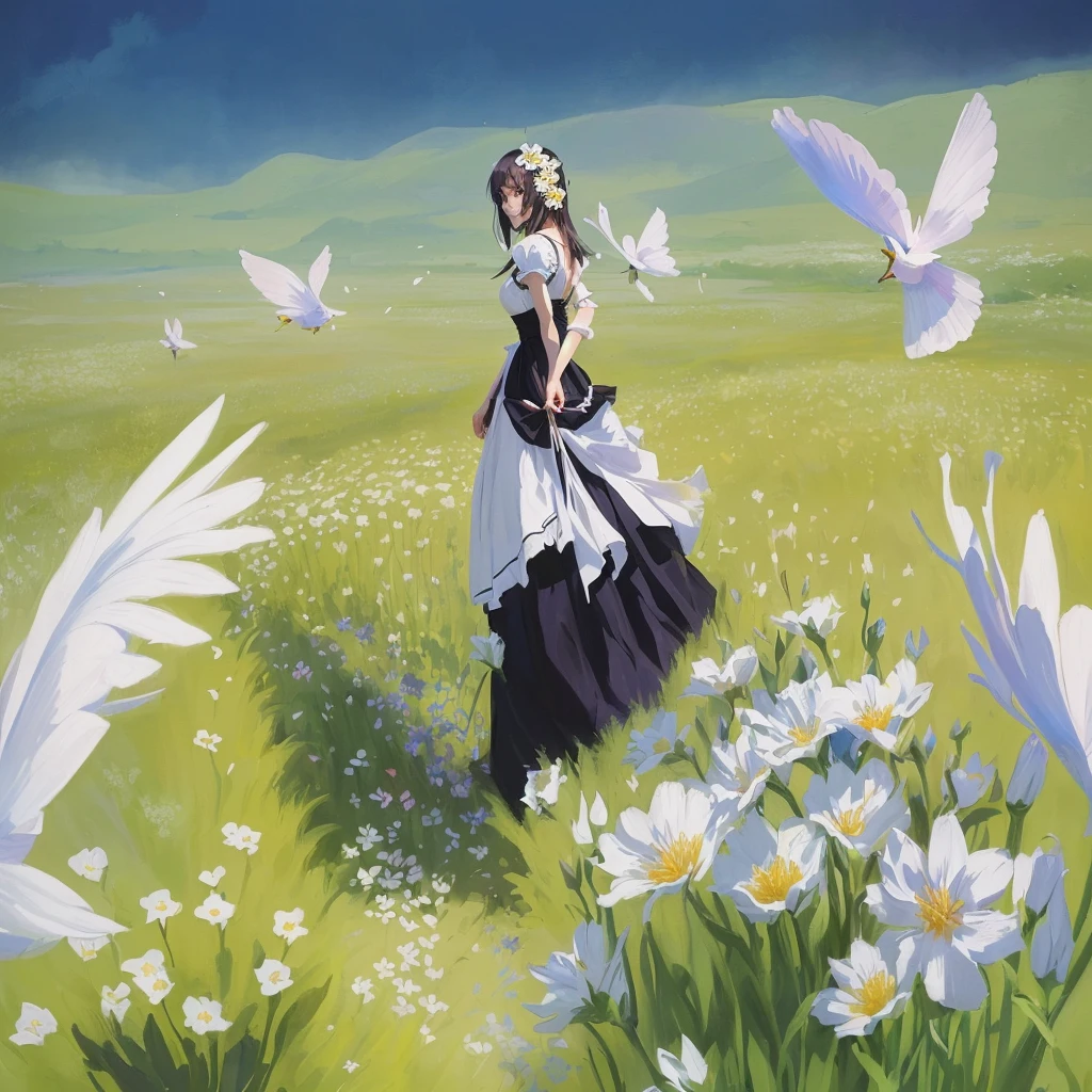 there is a woman in a dress standing on a flower field, on a flower field, artwork in the style of guweiz, guweiz on pixiv artstation, Guweiz, a maid in a magical forest, Guweiz on ArtStation Pixiv, lolish, garota on a flower field, made with anime painter studio
