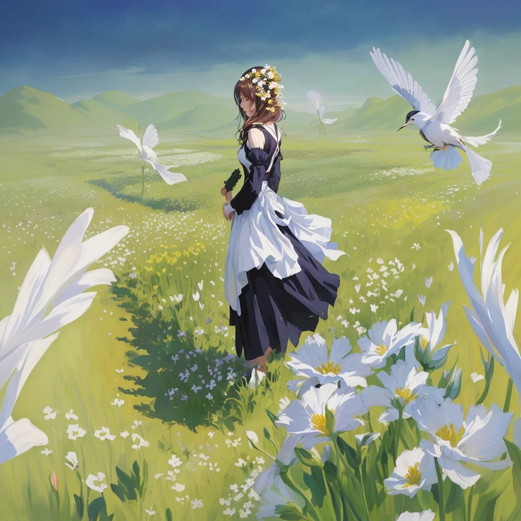 there is a woman in a dress standing on a flower field, on a flower field, artwork in the style of guweiz, guweiz on pixiv artstation, Guweiz, a maid in a magical forest, Guweiz on ArtStation Pixiv, lolish, garota on a flower field, made with anime painter studio