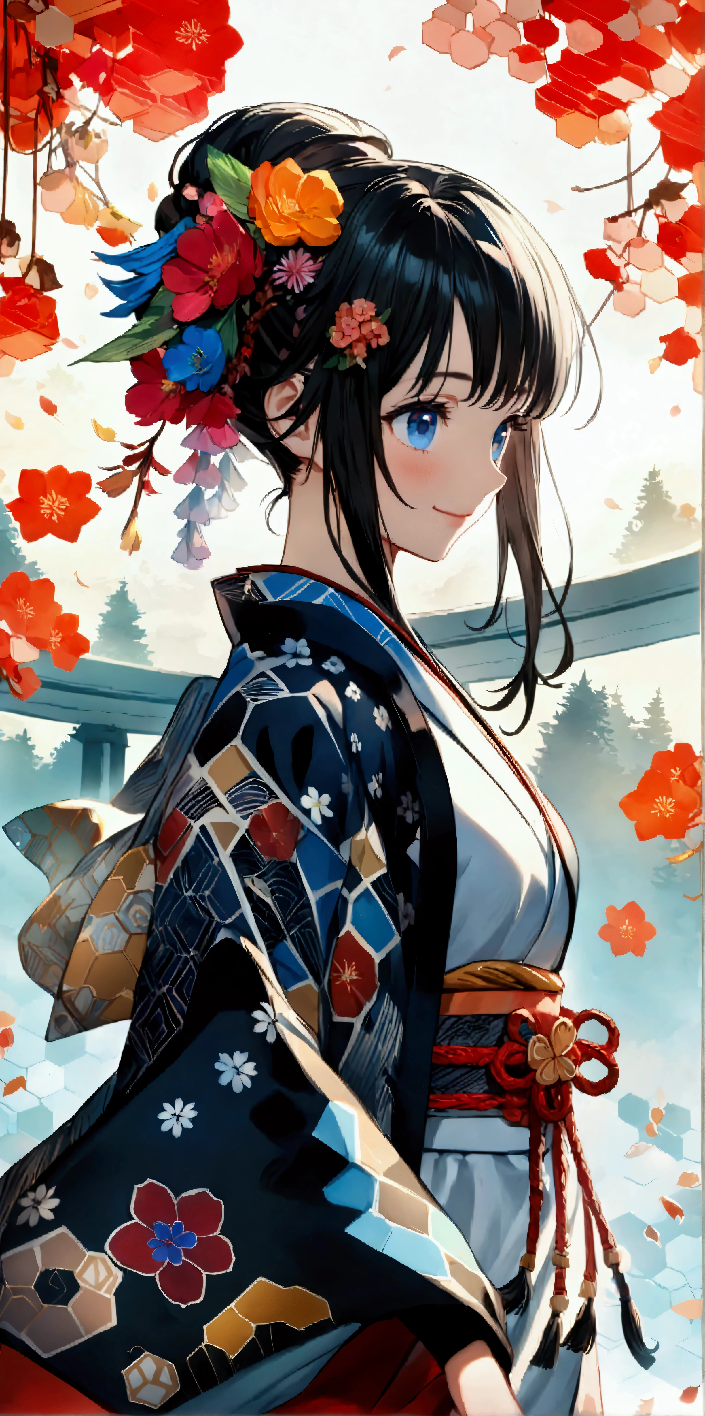 ((32k)), ((best quality)), ((ultra high res)), ((HDR)), ((UHD)), ((extremely detailed CG)), ((unity 32k wallpaper)), dynamic dancing moves with full of energy and movement, jumping high, full body portrait, happy expression, Japanese festival, with lively action poses, Positive Space, asymmetry, dynamic angle, A detailed illustration of an anime girl with blue eyes wearing a black kimono with Japanese patterns, wearing white cloak white shorts, black tube-top, She has white long hair tied back by a flower hair ornament, with colorful deep blue, black, pink, gold and white colors, surrounded by hexagons with various patterns and textures, Japanese Ancient bridge, happy expression, A black and white checkered pattern background surrounded by hexagons with various patterns in background, floral designs, and geometric shapes, In the background there are some sakura trees., cartoon character design, this is a full body portrait in vibrant colors, colorful illustrations, highly detailed, high resolution, in the style of digital painting, natural lighting, --ar 5:7 --niji 6, 