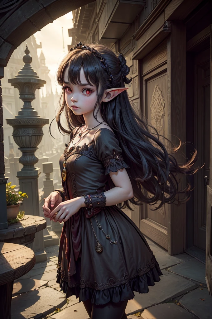 (Realisttic:1.2), analog photo style, (cute goblin woman looking like elf, intensed red eyes, surrounded by a gloomy antique setting), (her full body s a visual pleasure), faint smile, soft shading expresses beautiful skin texture, silk material, Graceful curve, necklace, rich and lustrous hair, three dimensional effect, gloomy dark atmosphere, play of light in the sun rays, a delicate balance between beauty and darkness, faded colours, great quality, Masterpiece, intricate fantasy background, naturally cinematic light, 16k quality, HDR, RAW photo