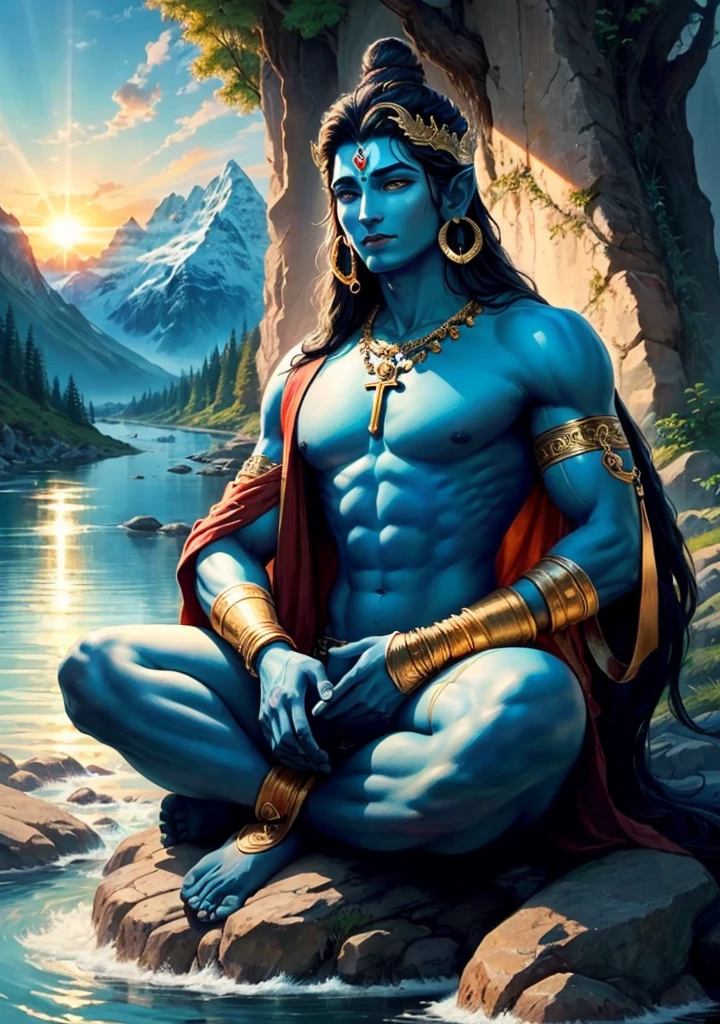 ((best quality)), ((masterpiece)), (detailed), lord shiva sitting at the top giving blessings upon the land, lush grass with flowing river beautiful, Realistic, life like , amazing , sun rise , with mountains and lush forest in the background, shiva is sitting cross legged. With Cresent on the head. Cobra sitting with shiva , add a trident in shivas hand upright on his left hand. On the right hand shivas blessings must be given with sun rays. Shivas palm must be facing forward. Snow topped mountains, blue skin.
