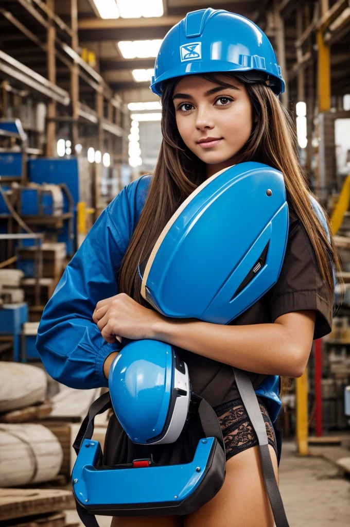In an industrial environment, full of instruments everywhere. In the middle a woman dressed in blue panties, identified with the name " TECDICA,C.A" He wears a blue helmet identified with the name " TECDICA,C.A" The woman is light brown, long straight hair, large, almond-shaped eyes with a turgid texture. The motto is read YOUR SAFETY IS OUR PEACE OF MIND.