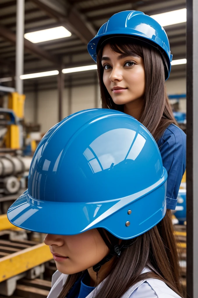 In an industrial environment, full of instruments everywhere. In the middle a woman dressed in blue panties, identified with the name " TECDICA,C.A" He wears a blue helmet identified with the name " TECDICA,C.A" The woman is light brown, long straight hair, large, almond-shaped eyes with a turgid texture. The motto is read YOUR SAFETY IS OUR PEACE OF MIND.
