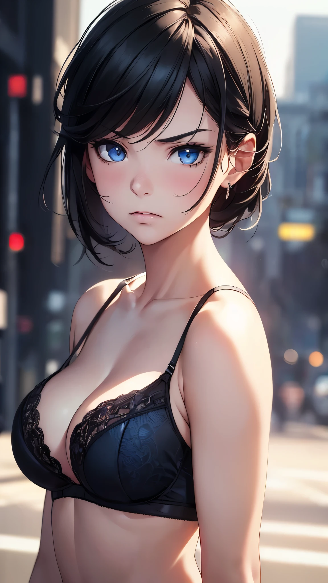 1 girl, black hair, ((annoyed expression)), beautiful breasts, white thin tank top, good posture, symmetrical clothing, (facing forward), (blushing cheeks, disdainful expression), (beautiful face), upper body, (((portrait))), blue eyes, (((evenly cut bangs))), transparent, ((sexy lingerie)), (best quality,4k,8k,highres,masterpiece:1.2),ultra-detailed,(realistic,photorealistic,photo-realistic:1.37),HDR,UHD,studio lighting,ultra-fine painting,sharp focus,physically-based rendering,extreme detail description,professional,vivid colors,bokeh,portrait