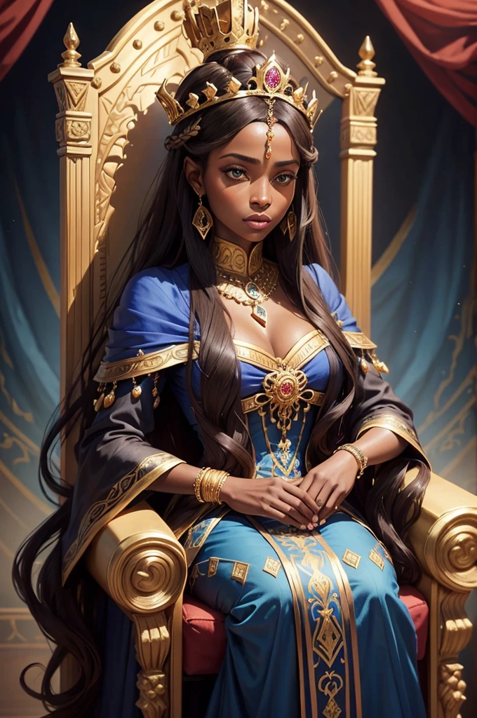 An oil painting of a stoic black African queen sitting on a grand throne. She has long, flowing sandy-brown hair and wears a magnificent crown adorned with jewels. Her attire is a luxurious, jewel-encrusted dress in vibrant blue and gold. The throne is ornate, with intricate designs and colorful gemstones. The background features rich blue drapery, adding to the regal atmosphere and blue snakes. The painting emphasizes the elegance, poise, and regal nature of the princess, capturing the richness of the colors and details in her clothing and surroundings.