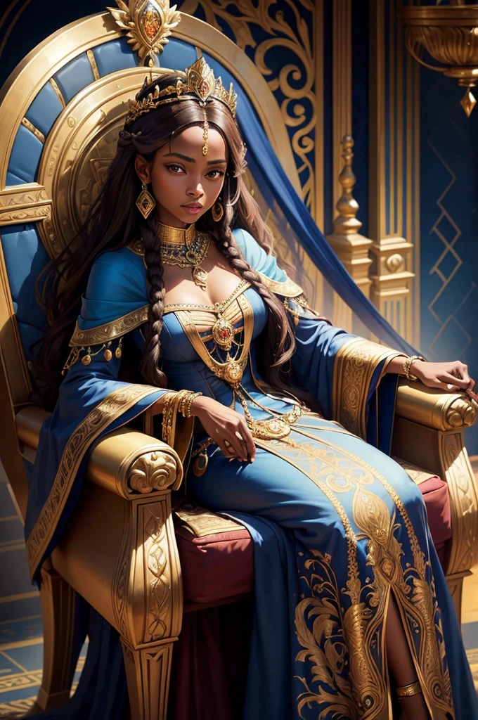 An oil painting of a stoic black African queen sitting on a grand throne. She has long, flowing sandy-brown hair and wears a magnificent crown adorned with jewels. Her attire is a luxurious, jewel-encrusted dress in vibrant blue and gold. The throne is ornate, with intricate designs and colorful gemstones. The background features rich blue drapery, adding to the regal atmosphere and blue snakes. The painting emphasizes the elegance, poise, and regal nature of the princess, capturing the richness of the colors and details in her clothing and surroundings.