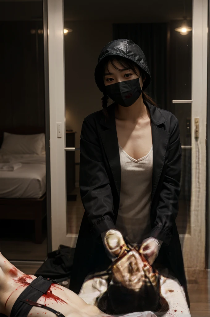 korean girl, (behind corpse, surgical mask), multiple girls, holding knife, stabbing, black gloves, room full of blood, black trench coat, bucket hat, holding knife, black gloves, behind corpse, blood splatter, ponytail, night, mass murderer, robbery, in the hotel, light from the window
