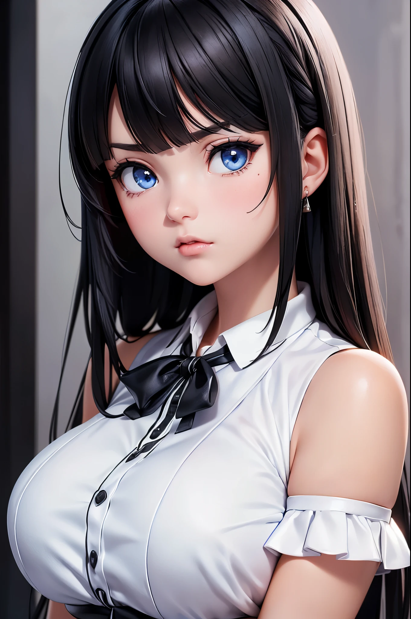 1 Female,black hair, ((Looks impatient)), Beautiful, White sexy vest, good style, symmetrical clothes, (Facing forward), (Red cheeks, expression of contempt), (beautiful face), (((Upper body portrait))), blue eyes, (((The bangs are very even))),