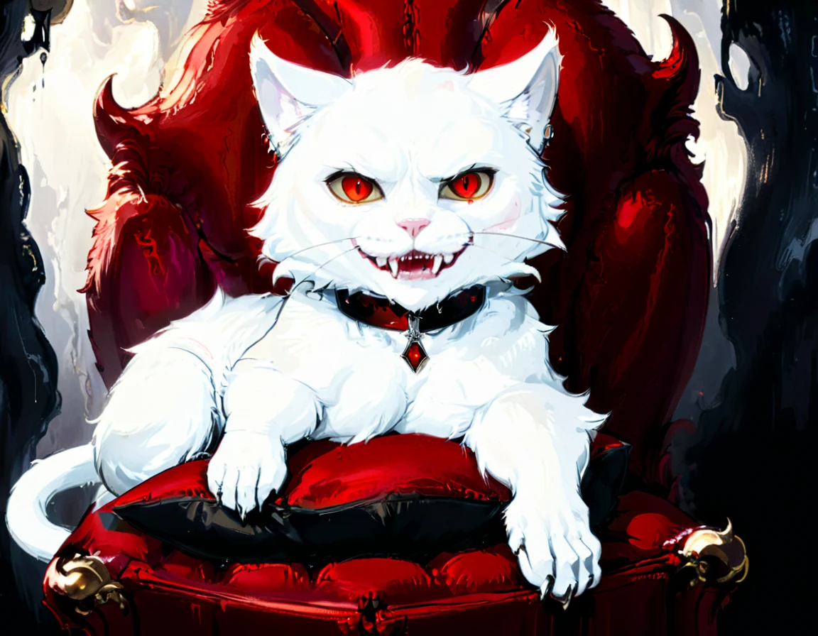 a portrait of vampiric cat, close up portrait of white cat with white fur, shiny fur, red glowing eyes, vampiric feline fangs, he has a red diamond collar, he sits on  a black velvet pillow, intricate detailed pillow, (full body shot: 1.3), dark fantasy library in the background, Ultra-high resolution, High Contrast, (masterpiece:1.5), (anatomically correct: 1.4), highest quality, Best aesthetics), best details, best quality, highres, ultra wide angle, 16k, [ultra detailed], masterpiece, best quality, (extremely detailed), chumbasket art style, vampire teeth, 