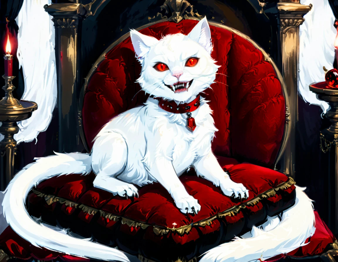 a portrait of vampiric cat, close up portrait of white cat with white fur, shiny fur, red glowing eyes, vampiric feline fangs, he has a red diamond collar, he sits on  a black velvet pillow, intricate detailed pillow, (full body shot: 1.3), dark fantasy library in the background, Ultra-high resolution, High Contrast, (masterpiece:1.5), (anatomically correct: 1.4), highest quality, Best aesthetics), best details, best quality, highres, ultra wide angle, 16k, [ultra detailed], masterpiece, best quality, (extremely detailed), chumbasket art style, vampire teeth, 
