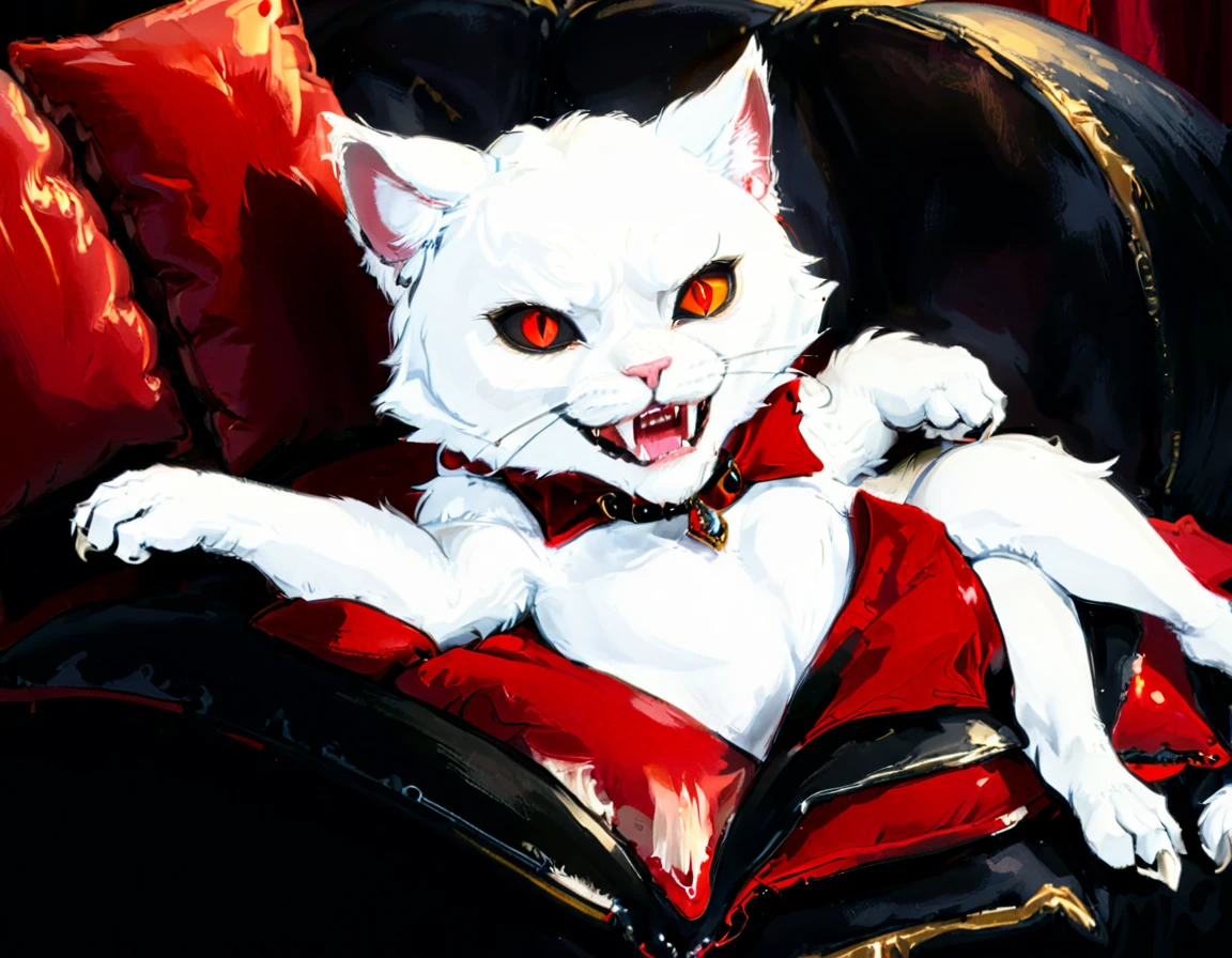 a portrait of vampiric cat, close up portrait of white cat with white fur, shiny fur, red glowing eyes, vampiric feline fangs, he has a red diamond collar, he sits on  a black velvet pillow, intricate detailed pillow, (full body shot: 1.3), dark fantasy library in the background, Ultra-high resolution, High Contrast, (masterpiece:1.5), (anatomically correct: 1.4), highest quality, Best aesthetics), best details, best quality, highres, ultra wide angle, 16k, [ultra detailed], masterpiece, best quality, (extremely detailed), chumbasket art style, vampire teeth, 