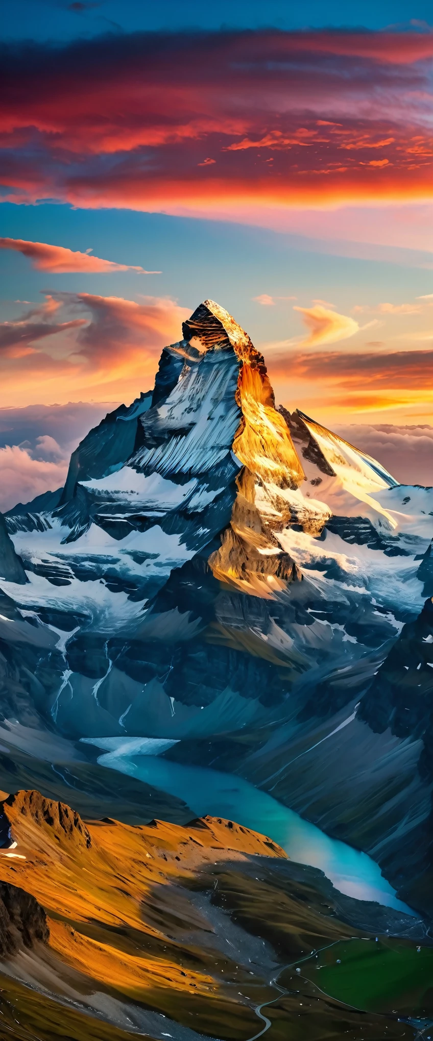(Highest quality),(masterpiece:1.2),(Very detailed:1.2),Ultra-high resolution,RAW color photos,8K,Vast landscape photography,Realistic photos,Elaborate photos,Skydiving viewpoint,Written boundary depth,Sharp focus,In the clouds,Matterhorn,Sunset,Beautiful colors,Written boundary depth,Wide Light,Low contrast,Backlight,Sharp focus,Vibrant colors,moving composition