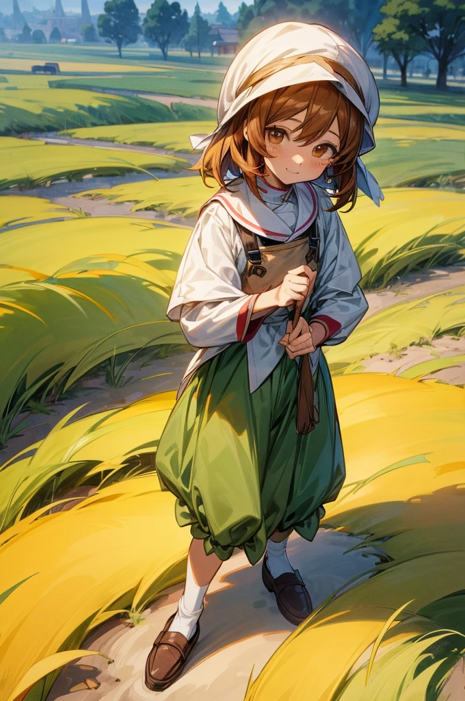 1girl, (anime coloring:1.2), (anime scene:1.3), perfect_anatomy, best quality, looking at viewer, upturned eyes, medium hair, chestnut hair, hairs between eyes, feminine, happy smile, (Culottes-style ethnic clothing:1.2), Simple shoes, village deep in the rye field, Medieval village,