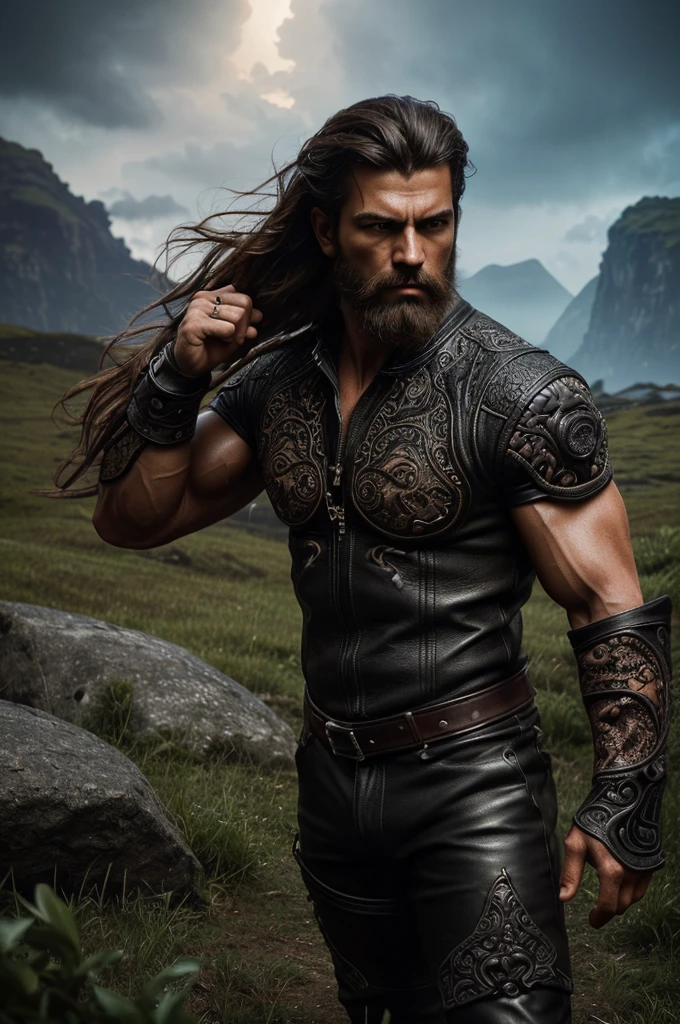 Wolwerine flexinghis muscles (Professional 3D Rendering:1.3) from (Realistic:1.3) The most beautiful art photo in the world.,Smooth features, bright male heroes, ((Epic hero fantasy muscular man rough wet hero angry look long hair short beard and fierce expression in dynamic pose, fantastic location, majestic landscape environment in a meadow), 8k full body unit rendering, image sequence of something or someone in motion, poros da pele, very dark lighting, intense shading, circumstantiated , detailed face, (vibrant, realistic photo grid, Realistic, dramatic, dark, sharp focus, 8k), (Leather Clothing), (intricate:1.4), decadent, (highly detailed:1.4), digital painting.