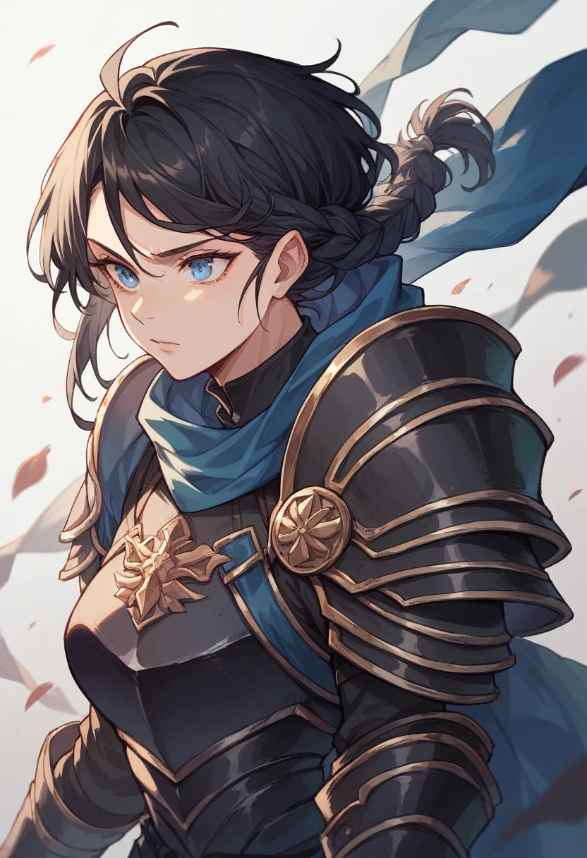 hyperrealisti, Black haired woman with braid, 18-years old, blue colored eyes, dressed in dark black armor.