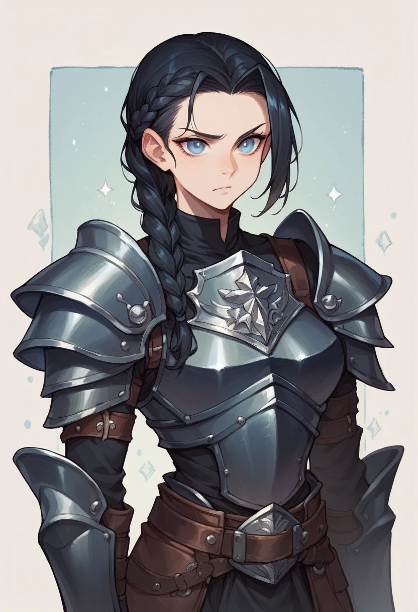hyperrealisti, Black haired woman with braid, 18-years old, blue colored eyes, dressed in dark black armor.