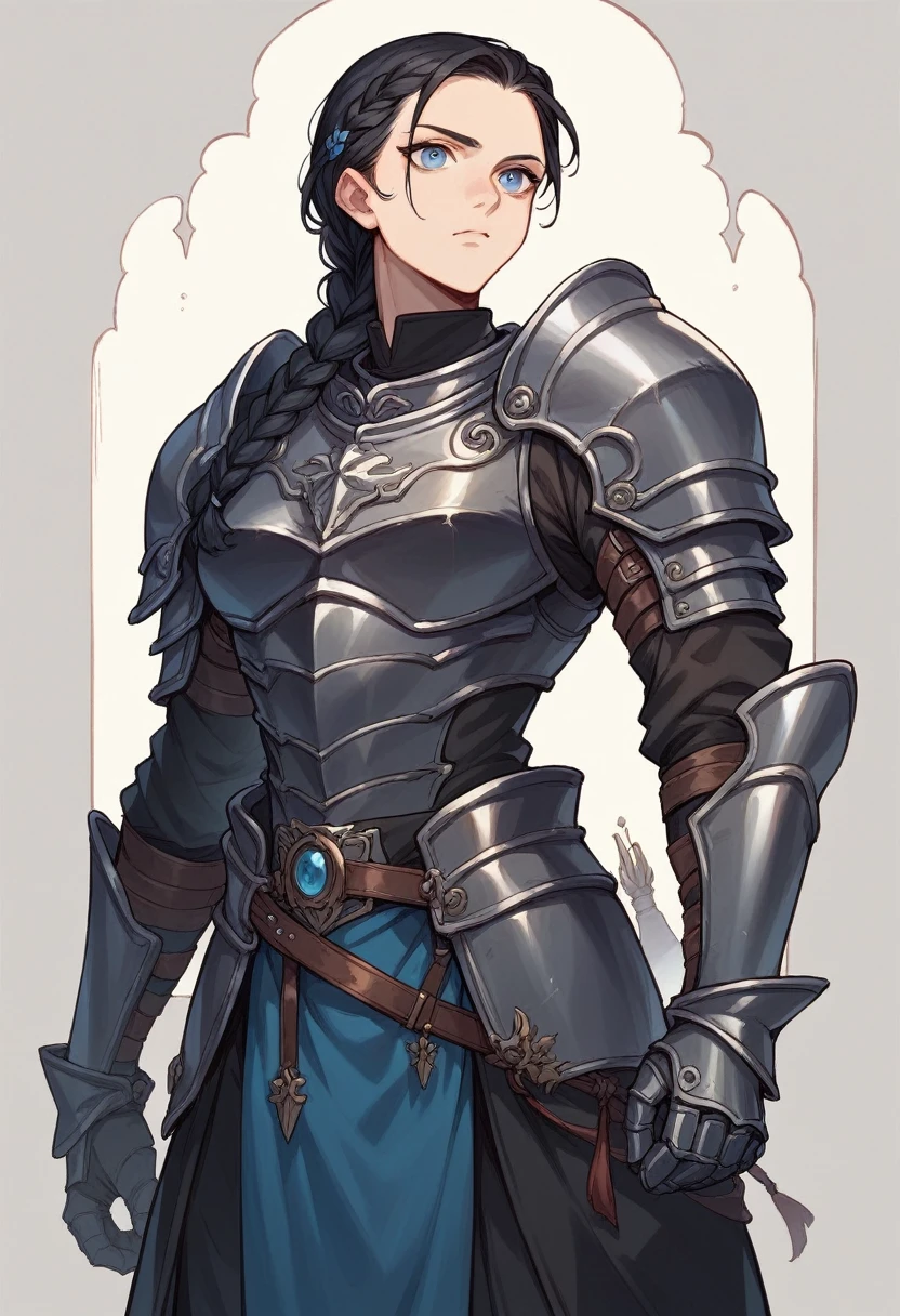 hyperrealisti, Black haired woman with braid, 18-years old, blue colored eyes, dressed in dark black armor.