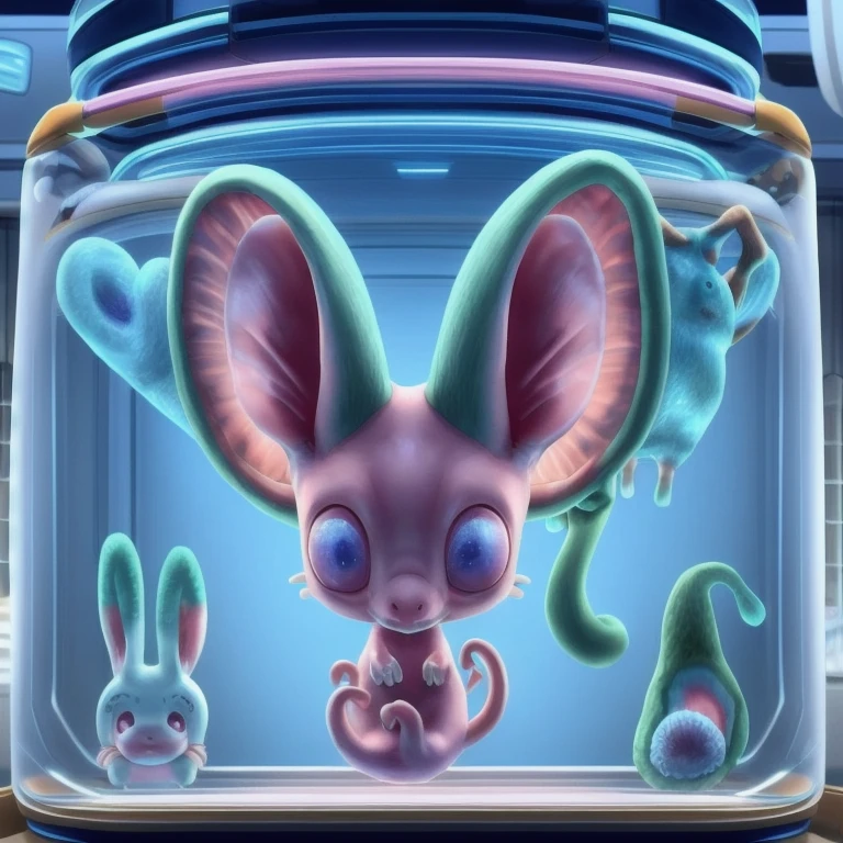 creature look like pink and blue heart with green tail, mouse body mix with larva, cosmic horror creature, hyper detailed pink alien, alien creature, cute little creature, weird alien creature, an anthropomorphic mouse, face, a pale alien cultist, giant ears, left side of the ear melted, huge head, in a transparent incubator, in a laboratory