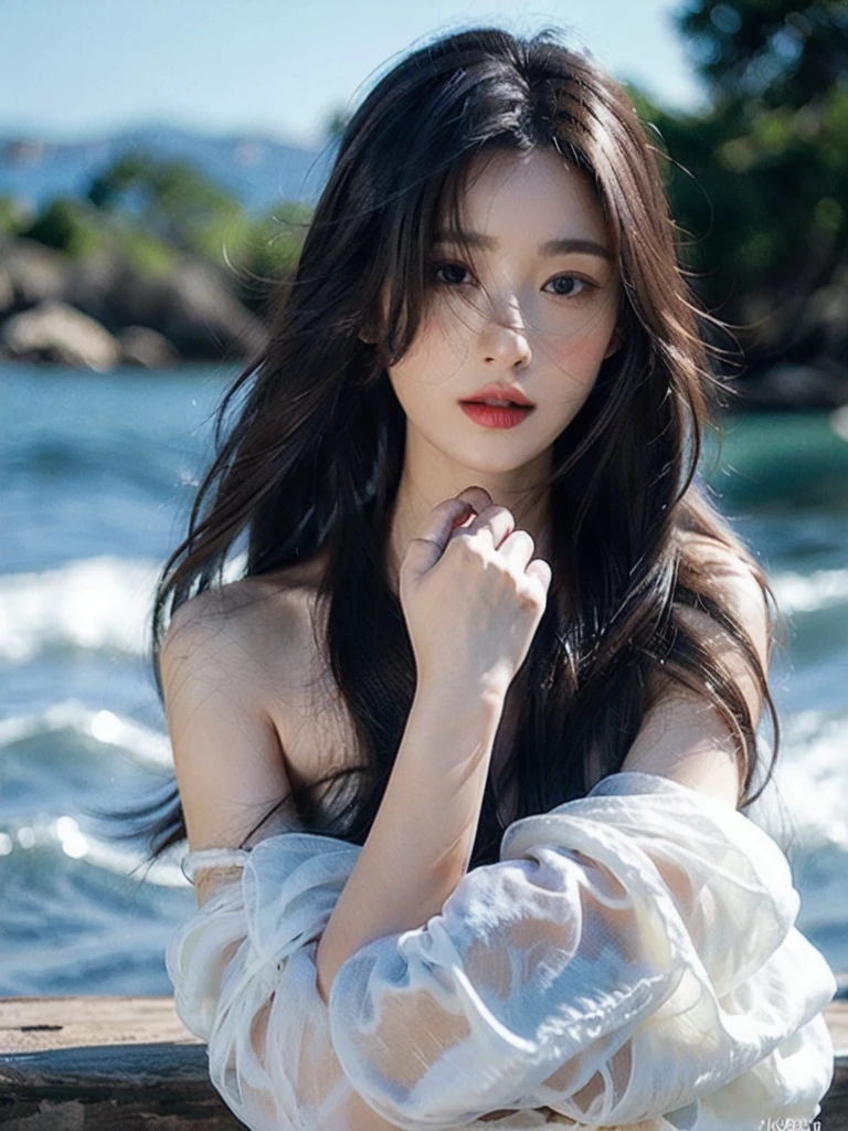 (masterpiece:1.2), best quality, high resolution, unity 8k wallpaper, (illustration:1.0), beautiful detailed eyes:, extremely detailed face, perfect lighting, extremely detailed CG,
1girl, black_eyes, black_hair, blue_background, blue_sky, brown_eyes, brown_hair, day, holding, lips, long_hair, looking_at_viewer, nose, ocean, outdoors, photorealistic, realistic, red_lips, solo, upper_body, sleeves_past_wrists,