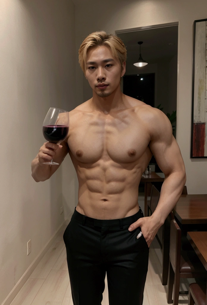 handsome Korean man with a goatee with strong blonde hair shirtless with a defined physique holding a glass of wine in black dress pants in a dining room at night, front view, k-idol, masterpiece