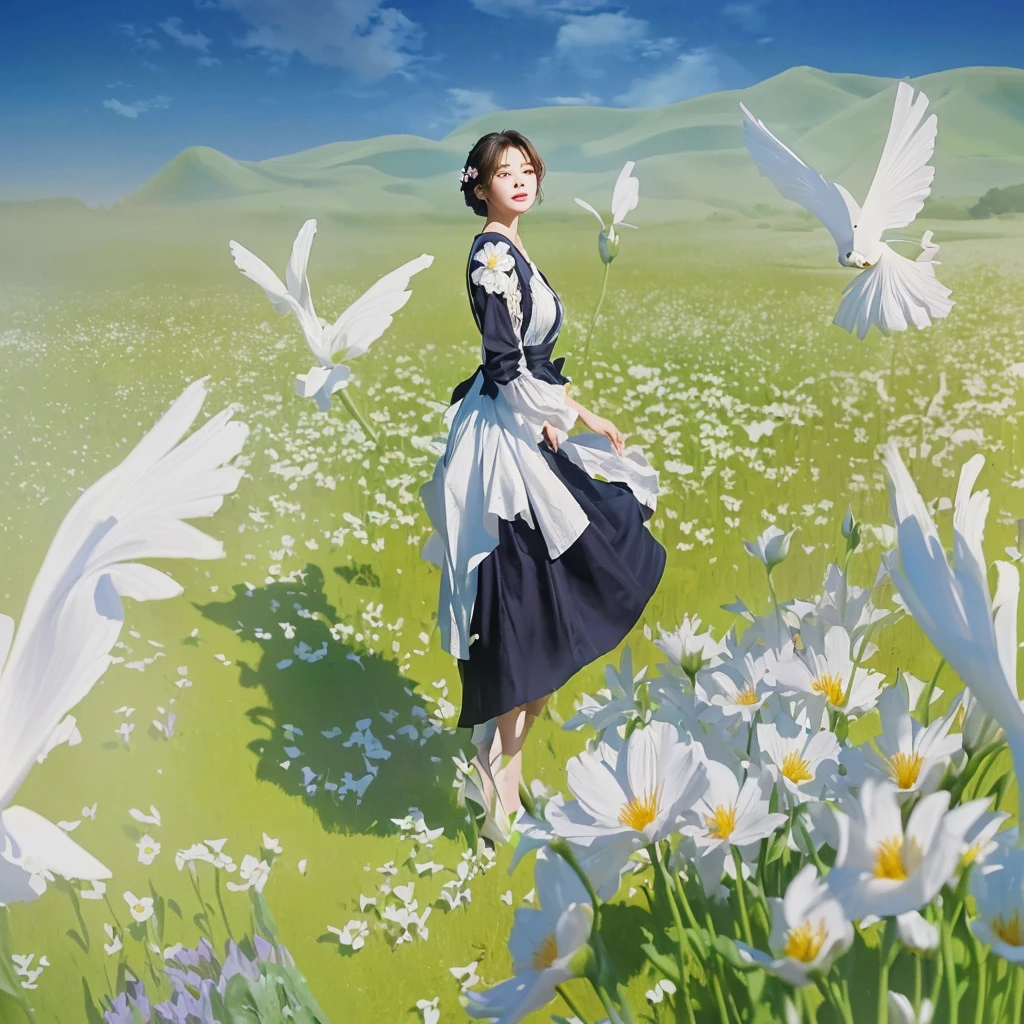 there is a woman in a dress standing on a flower field, on a flower field, artwork in the style of guweiz, guweiz on pixiv artstation, Guweiz, a maid in a magical forest, Guweiz on ArtStation Pixiv, sh, garota on a flower field, made with anime painter studio