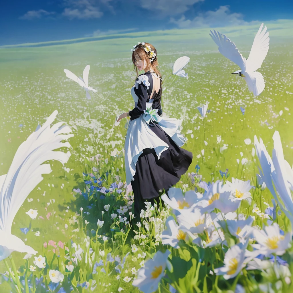 there is a woman in a dress standing on a flower field, on a flower field, artwork in the style of guweiz, guweiz on pixiv artstation, Guweiz, a maid in a magical forest, Guweiz on ArtStation Pixiv, lolish, garota on a flower field, made with anime painter studio