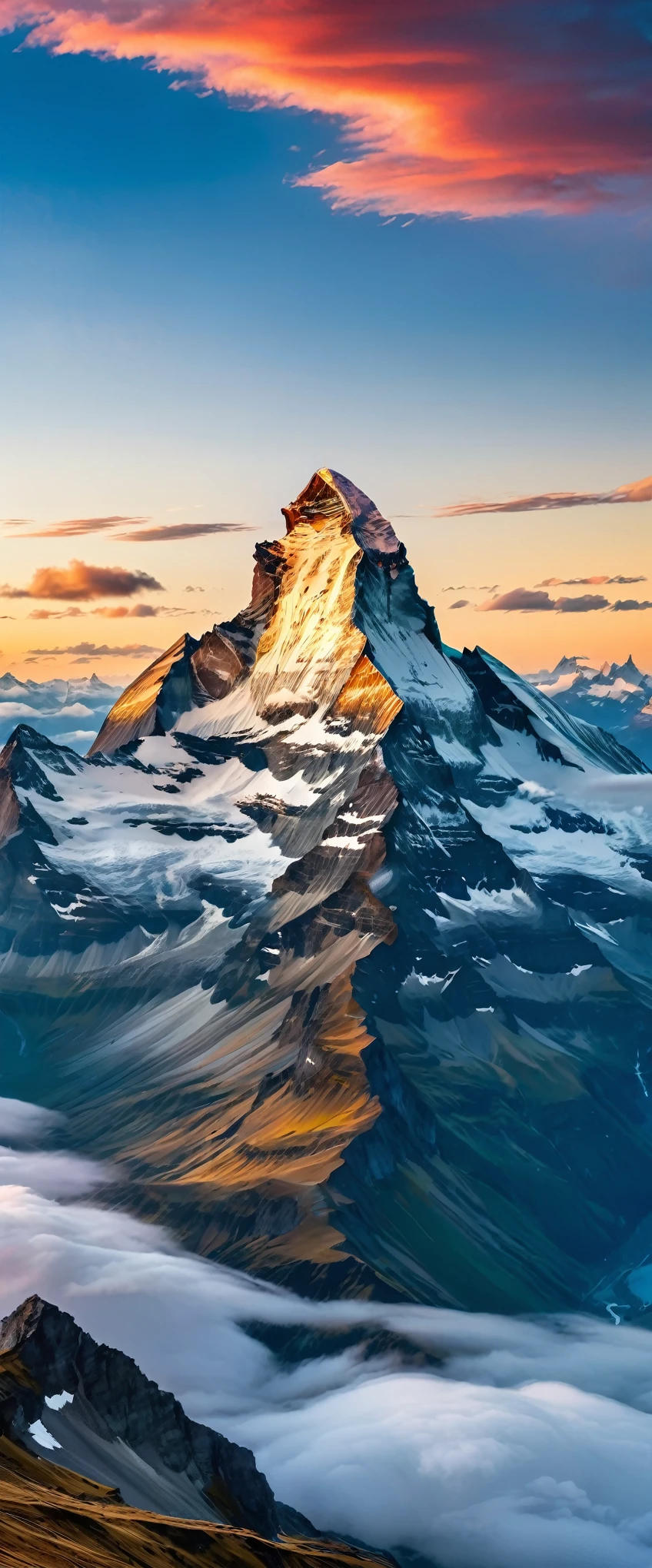 (Highest quality),(masterpiece:1.2),(Very detailed:1.2),Ultra-high resolution,RAW color photos,8K,Vast landscape photography,Realistic photos,Elaborate photos,Skydiving viewpoint,Written boundary depth,Sharp focus,In the clouds,Matterhorn,Asahi,Beautiful colors,Written boundary depth,Wide Light,Low contrast,Backlight,Sharp focus,Vibrant colors,moving composition