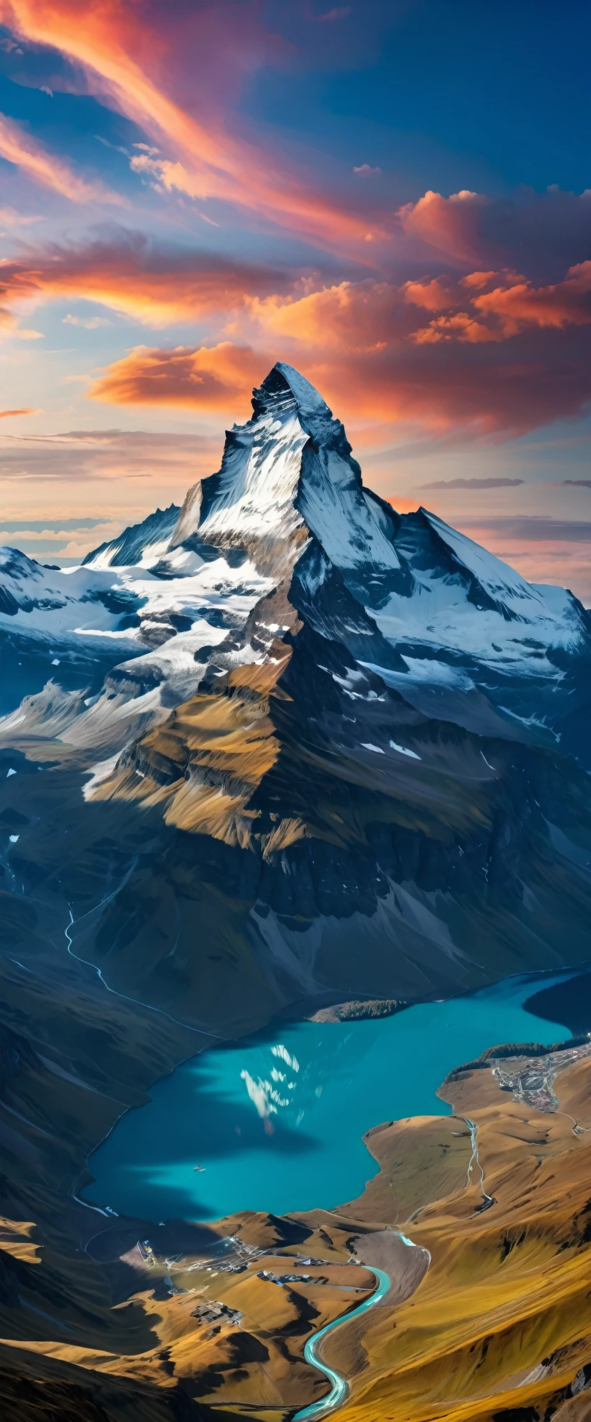 (Highest quality),(masterpiece:1.2),(Very detailed:1.2),Ultra-high resolution,RAW color photos,8K,Vast landscape photography,Realistic photos,Elaborate photos,Skydiving viewpoint,Written boundary depth,Sharp focus,In the clouds,Matterhorn,Asahi,Beautiful colors,Written boundary depth,Wide Light,Low contrast,Backlight,Sharp focus,Vibrant colors,moving composition