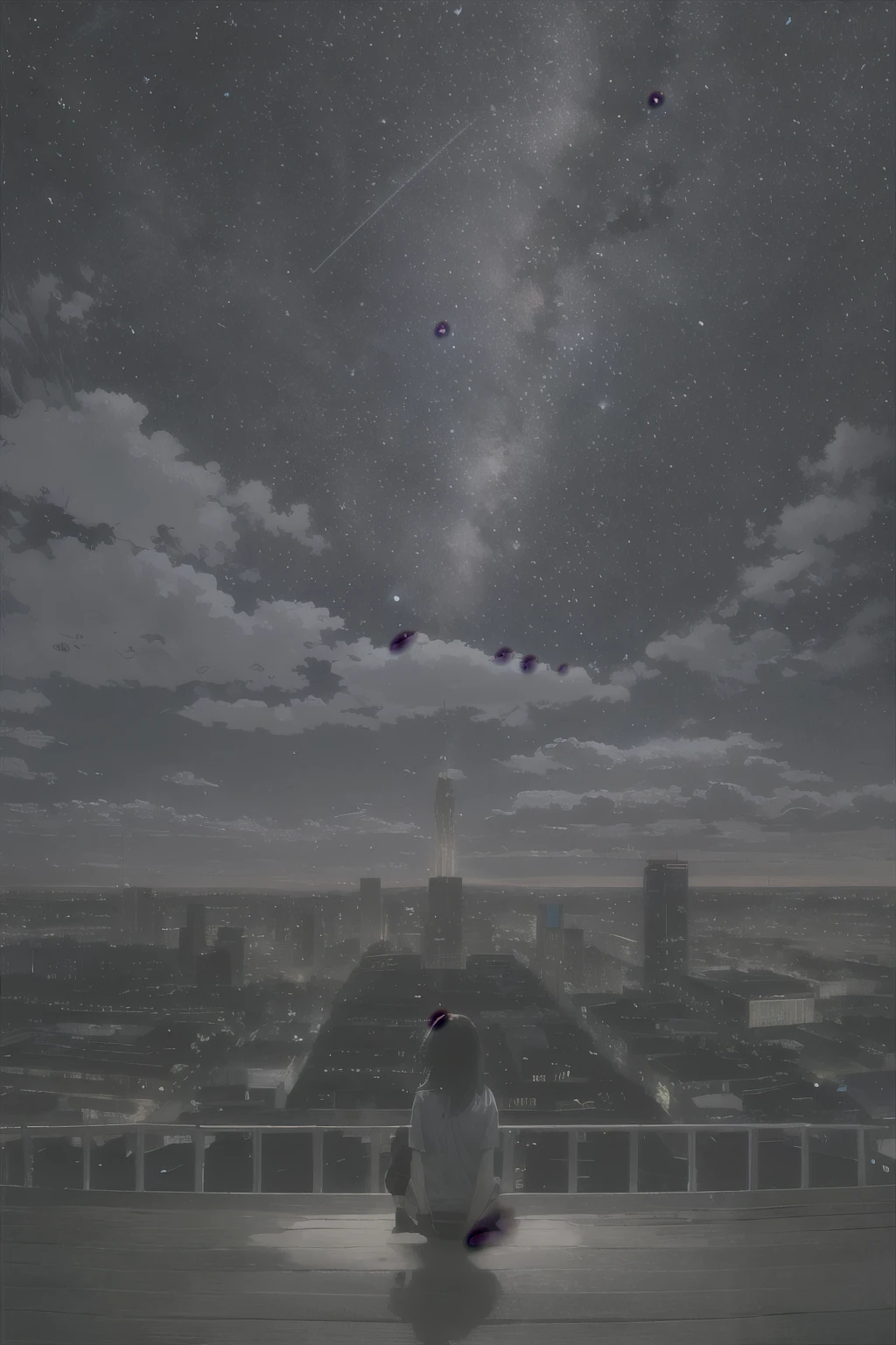 Octane, null, Rainbow colors,star (null), scenery, Sparkling,starnull, night, One girl, night null, alone, Outdoor, building, cloud, milky way, Sitting, wood, Long Hair, city, silhouette, cityscape 